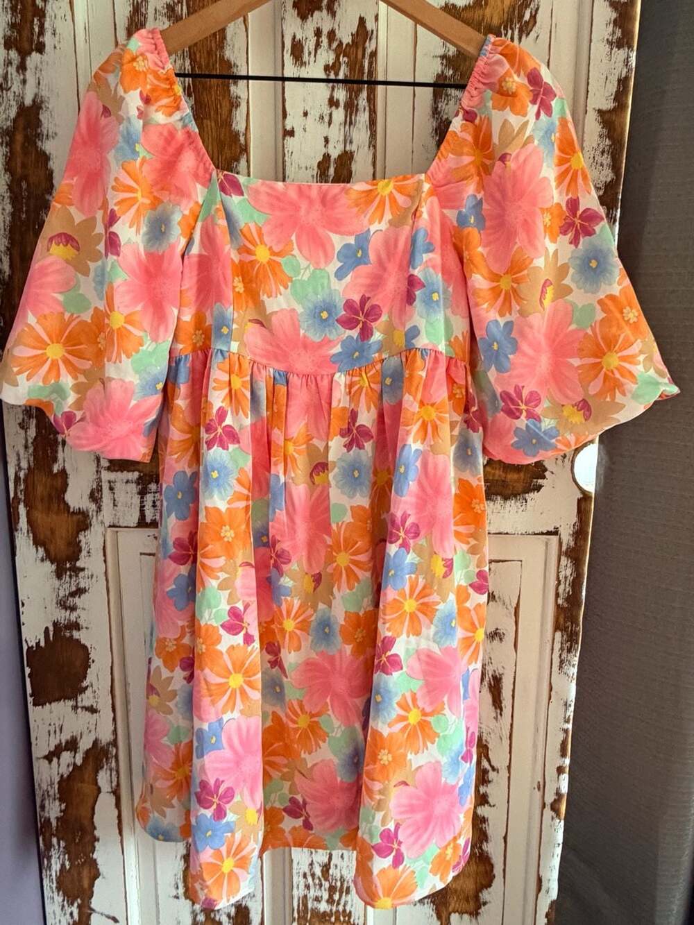 Floral Puff Sleeve Babydoll Mini Dress Pink Orange Blue Cottagecore Size Small